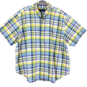 Ralph Lauren Mens 3XB Yellow Blue Plaid Short Sleeve Button Up Shirt Excellent!